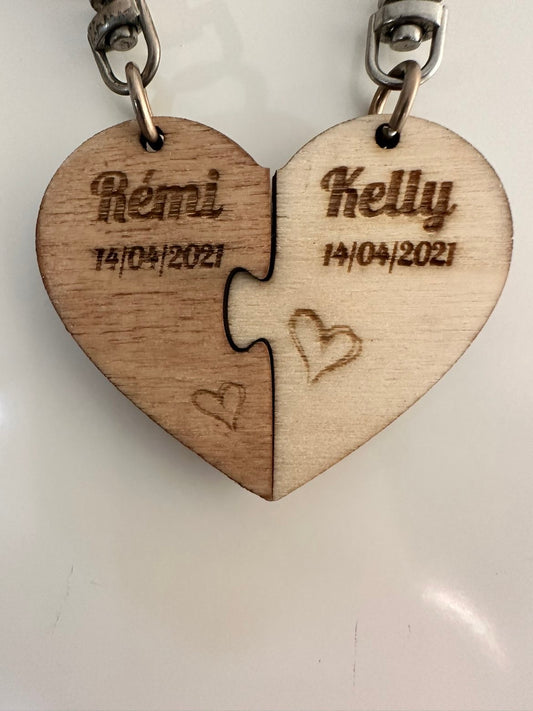 Porte-clés Cœur Puzzle Personnalisé en Bois Gravé – Prénoms & Date | Cadeau Couple