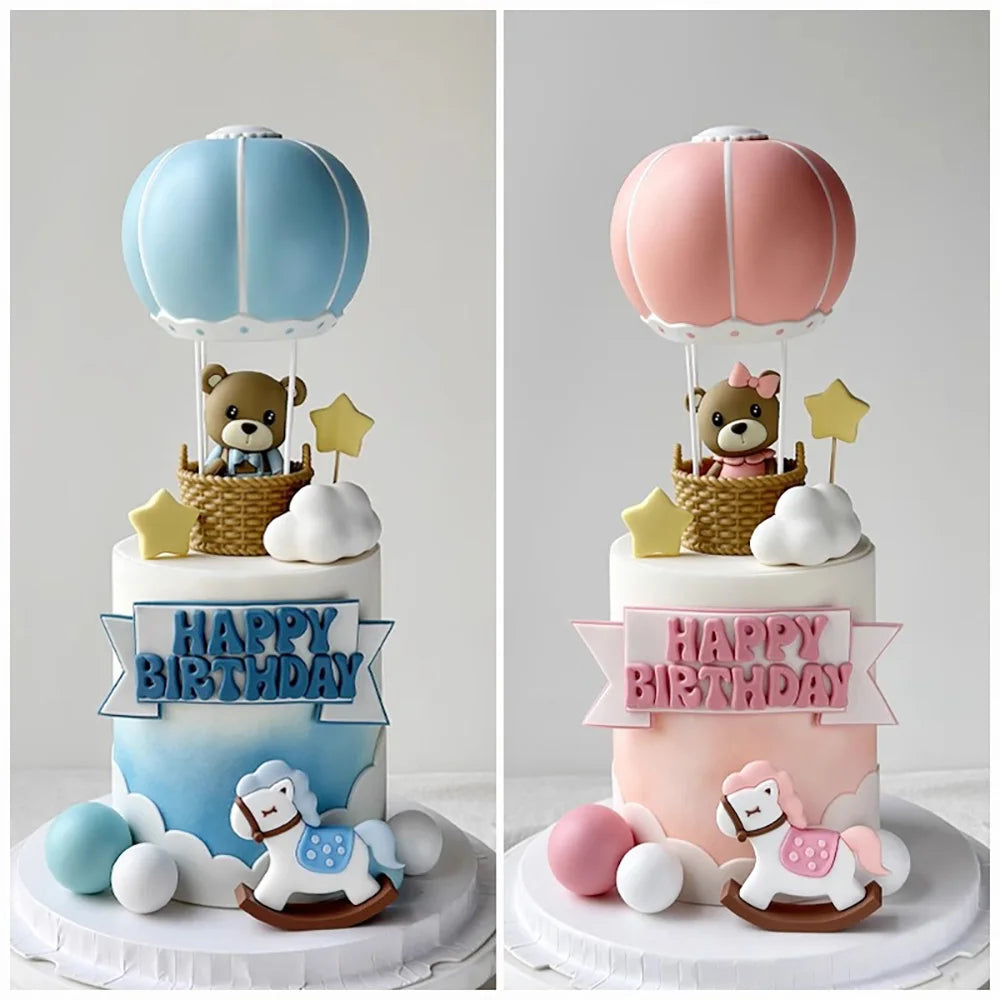 Cake Topper Montgolfière avec Ourson – Décoration Gâteau Baby Shower & Anniversaire