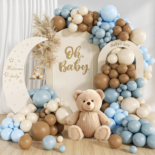 Kit Arche de Ballons Bleu Ciel, Marron & Beige – 135 Pièces – Baby Shower, Anniversaire & Gender Reveal