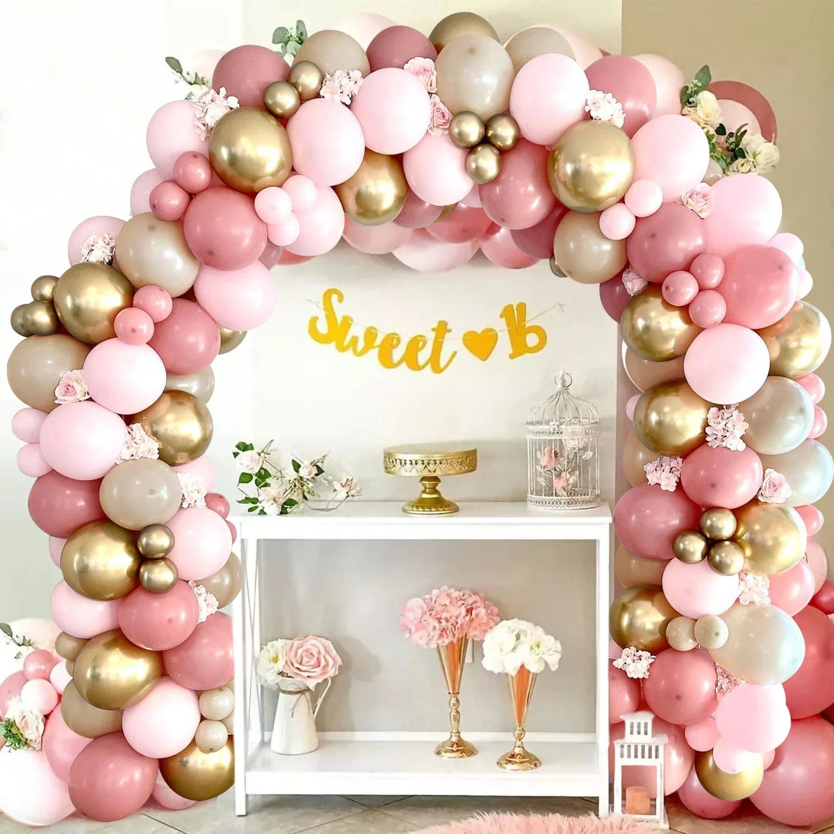 Kit Arche de Ballons Rose, Blanc, Beige & Or – 117 Pièces – Décoration Anniversaire, Mariage & Baby Shower