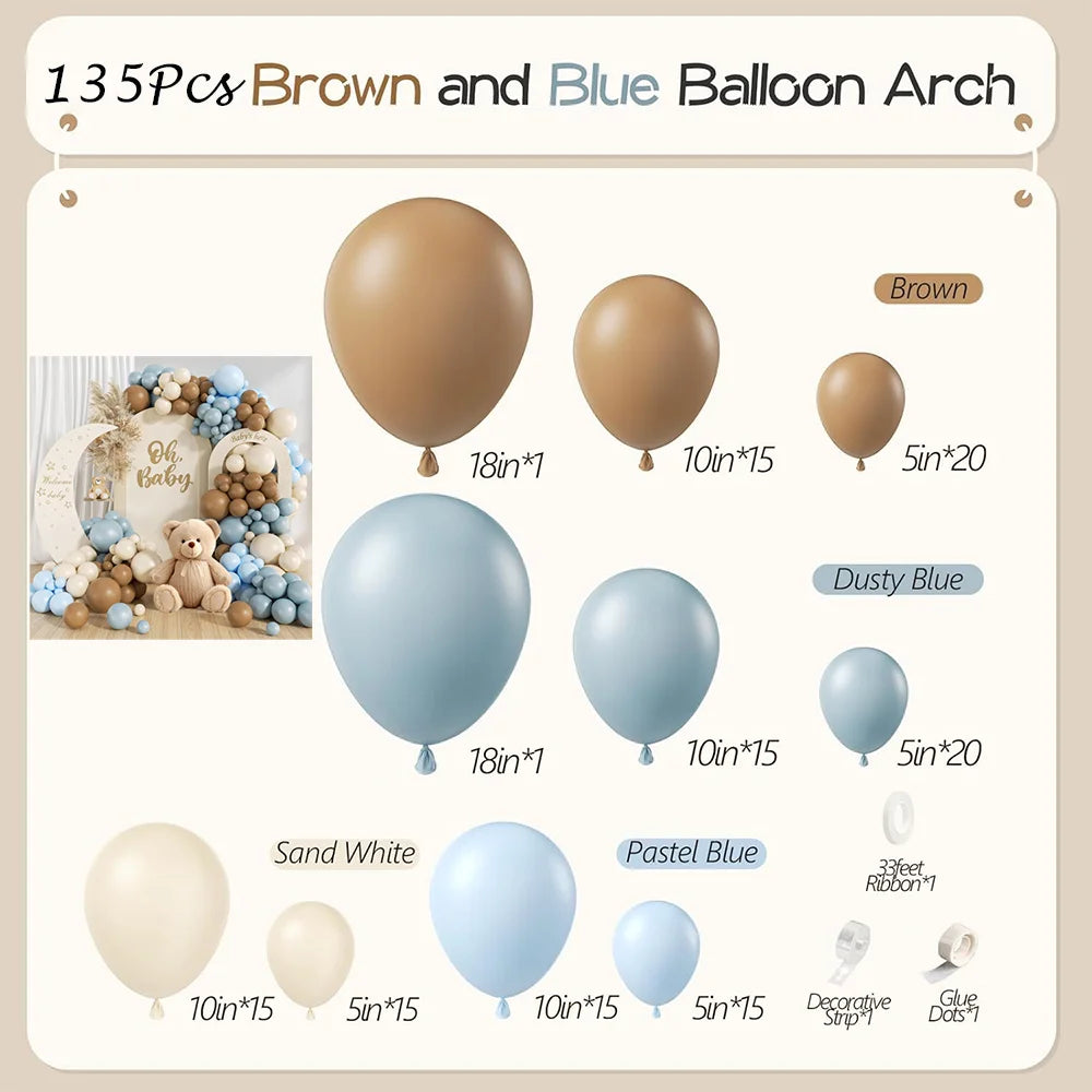 Kit Arche de Ballons Bleu Ciel, Marron & Beige – 135 Pièces – Baby Shower, Anniversaire & Gender Reveal