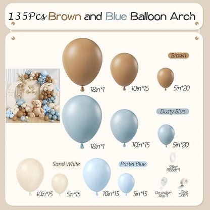 Kit Arche de Ballons Bleu Ciel, Marron & Beige – 135 Pièces – Baby Shower, Anniversaire & Gender Reveal