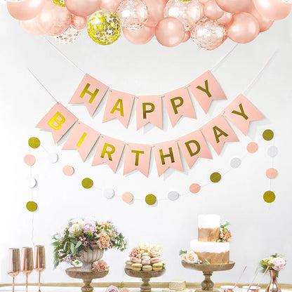 Kit Décoration Anniversaire Rose & Or – Bannière Happy Birthday et Guirlande de Confettis