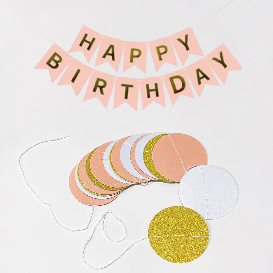 Kit Décoration Anniversaire Rose & Or – Bannière Happy Birthday et Guirlande de Confettis